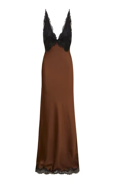 Loveshackfancy Iridia Lace-trimmed Satin Maxi Dress In Brown