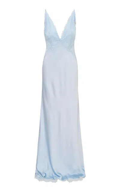 Loveshackfancy Iridia Lace-trimmed Satin Maxi Dress In Light Blue