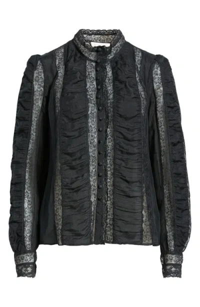 Loveshackfancy Jacque Lace Silk Paneled Button-up Shirt In Black