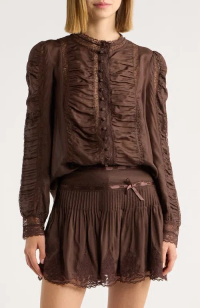 Loveshackfancy Jacque Lace Silk Paneled Button-up Shirt In Brown