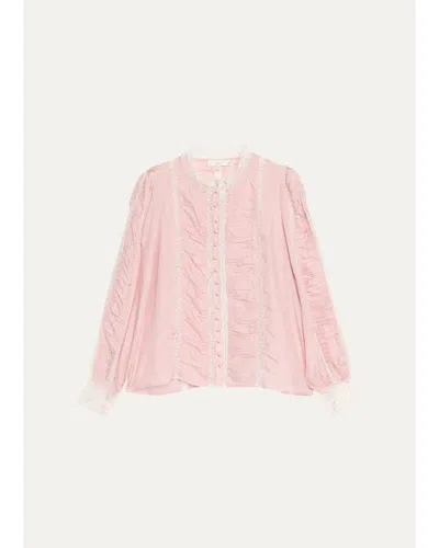Loveshackfancy Jacque Lace-trim Ruched Silk Top In Violet Smo