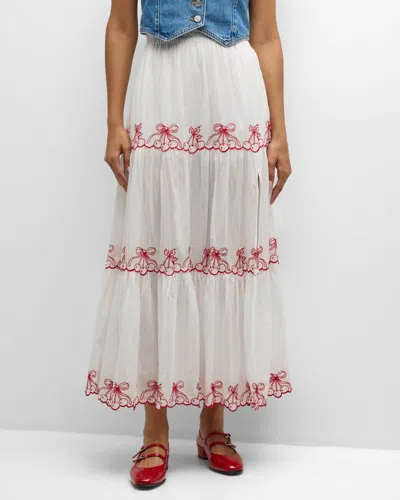 Loveshackfancy Jemila Embroidered Organic Cotton Tiered Maxi Skirt In White/ Candy Red