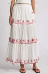 Loveshackfancy Jemila Embroidered Organic Cotton Tiered Maxi Skirt In White/candy Red