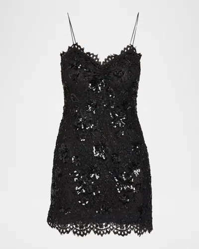 Loveshackfancy Jetta Sequined Floral Lace Mini Dress In Black