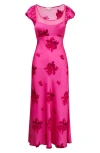 Loveshackfancy Joelette Printed Silk Satin Midi Dress In Raspberry Rose