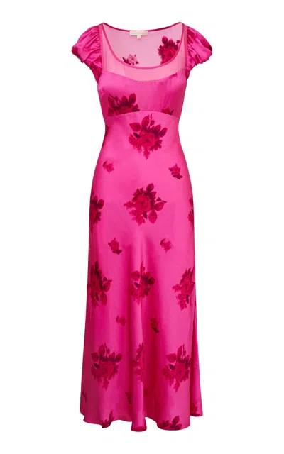 Loveshackfancy Joelette Printed Silk Satin Midi Dress In Raspberry Rose