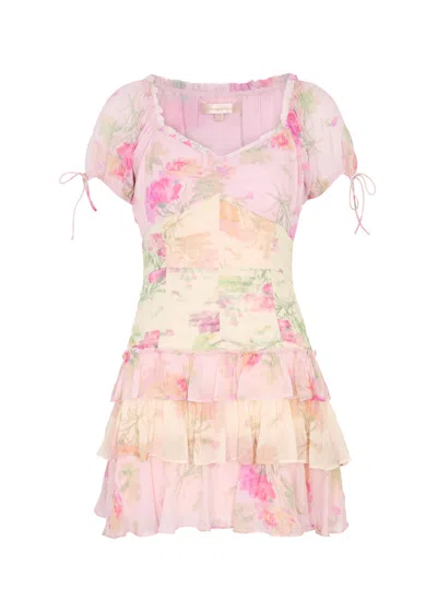 Loveshackfancy Jupe Floral-print Chiffon Mini Dress In Pink And White