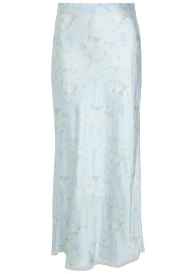 Loveshackfancy Kalo Floral-print Silk Midi Slip Skirt In Blue