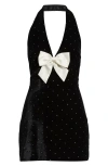 Loveshackfancy Kathy Bow & Rhinestone Halter Velvet Minidress In Black