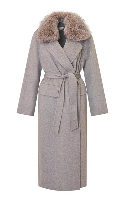 Loveshackfancy Katniss Fur-trimmed Wool Trench Coat In Gray