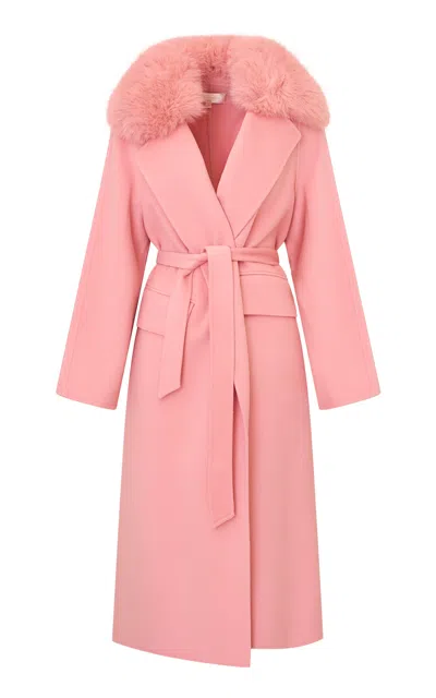 Loveshackfancy Katniss Fur-trimmed Wool Trench Coat In Pink