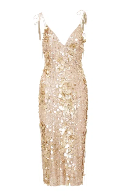 Loveshackfancy Kayleen Sequined Midi Dress In Gold