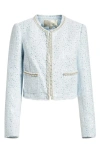 Loveshackfancy Kelli Sequin Embellished Tweed Crop Jacket In Blue