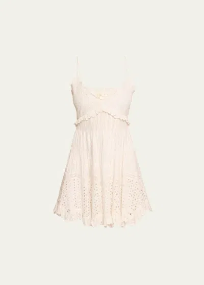 Loveshackfancy Kerielle Embroidered Cotton V-neck Mini Dress In Off White