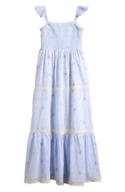 Loveshackfancy Kids' Rhiannon Floral Lace Trim Tiered Midi Dress In Blue