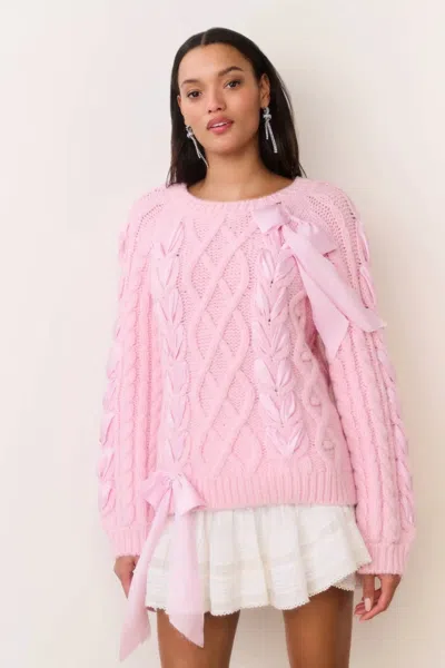 Loveshackfancy Kloss Ribbon Detail Alpaca Blend Cable Sweater In Pink