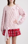 Loveshackfancy Kloss Ribbon Detail Alpaca Blend Cable Sweater In Pink