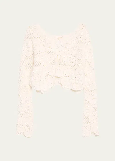 Loveshackfancy Kylan Scalloped Floral Crochet Cardigan In Off White