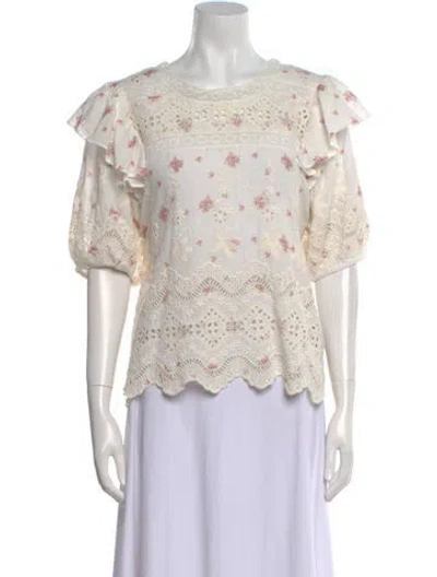 Pre-owned Loveshackfancy Lace Pattern Bateau Neckline Blouse In White