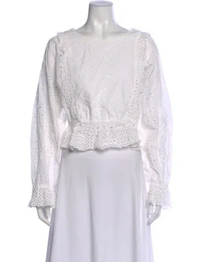 Pre-owned Loveshackfancy Lace Pattern Crew Neck Blouse In White
