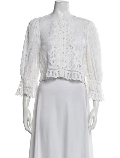 Pre-owned Loveshackfancy Lace Pattern Crew Neck Blouse In White