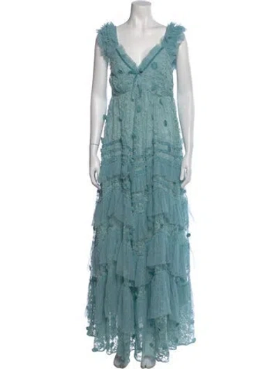 Pre-owned Loveshackfancy Lace Pattern Long Dress In Blue