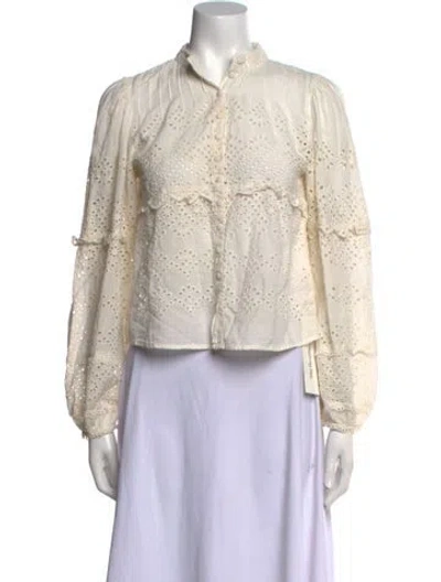 Pre-owned Loveshackfancy Lace Pattern Mock Neck Blouse In White