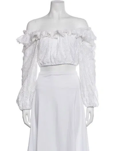 Pre-owned Loveshackfancy Lace Pattern Off-the-shoulder Crop Top In White