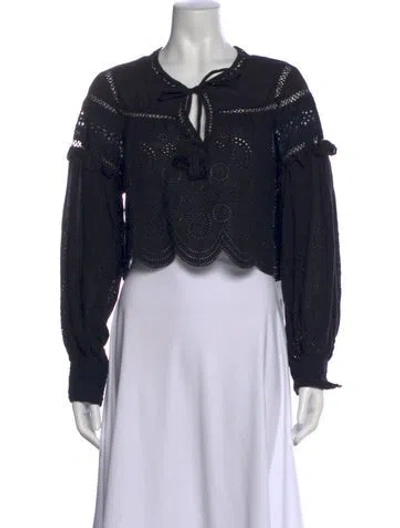 Pre-owned Loveshackfancy Lace Pattern Tie Neck Blouse In Black