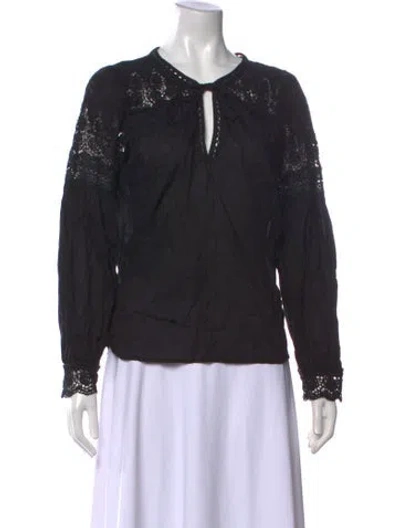 Pre-owned Loveshackfancy Lace Pattern Tie Neck Blouse In Black