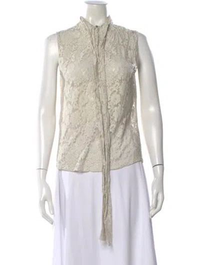 Pre-owned Loveshackfancy Lace Pattern Tie Neck Blouse In Neutral