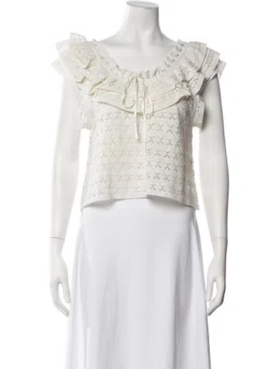 Pre-owned Loveshackfancy Lace Pattern Tie Neck Blouse In White