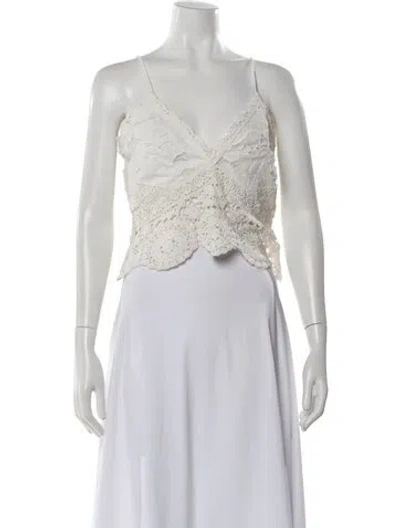 Pre-owned Loveshackfancy Lace Pattern V-neck Blouse In White