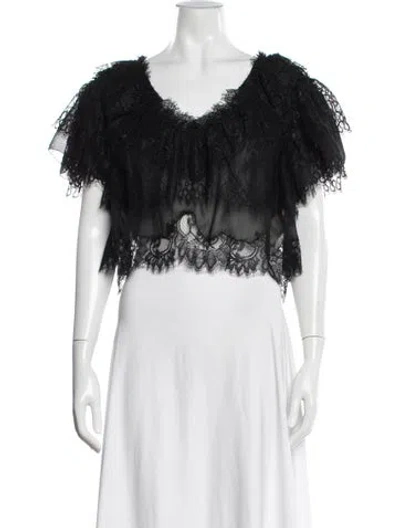 Pre-owned Loveshackfancy Lace Pattern V-neck Crop Top W/ Tags In Black
