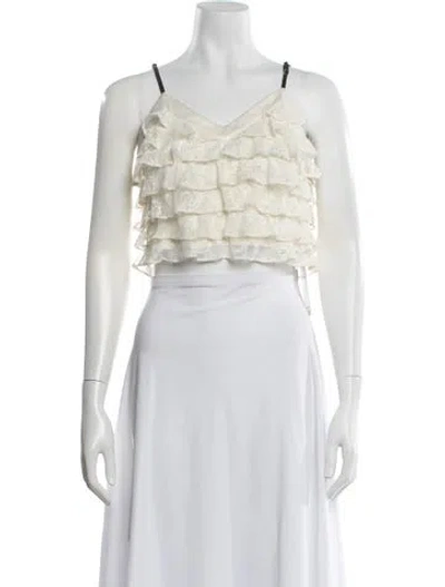Pre-owned Loveshackfancy Lace Pattern V-neck Crop Top In White