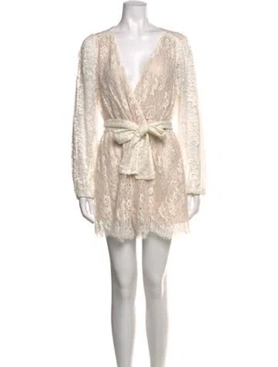 Pre-owned Loveshackfancy Lace Pattern V-neck Romper In White
