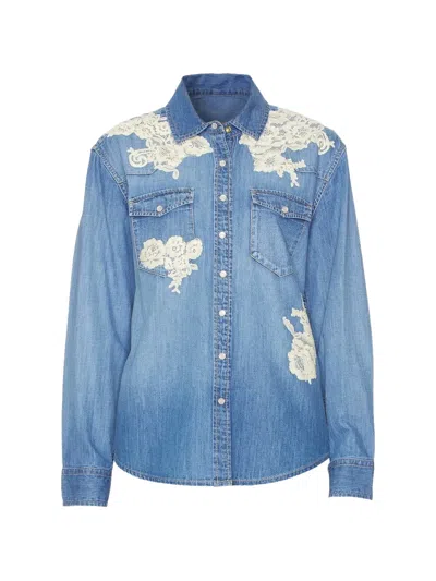 LOVESHACKFANCY LACE-APPLIQUÉ DENIM SHIRT