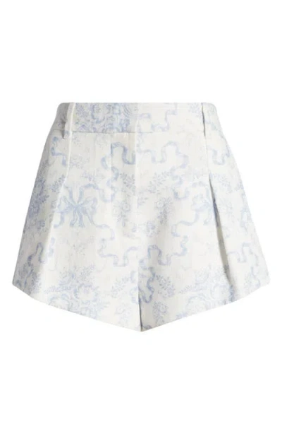 Loveshackfancy Lacette Bow Print Pleated Linen Shorts In Blissful Blue