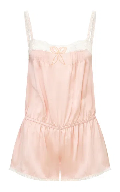 Loveshackfancy Laurelai Lace-kissed Silk Romper In Pink