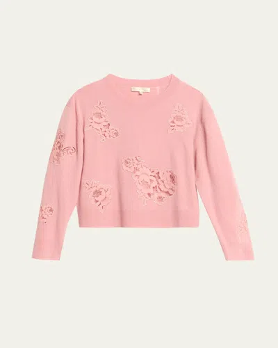 Loveshackfancy Lazuli Cashmere & Lace Sweater In Pink