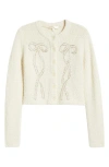 Loveshackfancy Leocadia Embellished Bow Wool Blend Cardigan In White