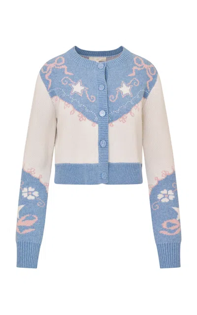 Loveshackfancy Leyah Patterned Knit Cardigan In Blue