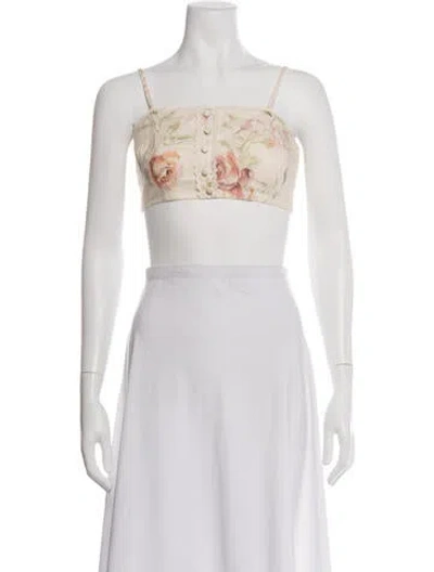 Pre-owned Loveshackfancy Linen Floral Print Crop Top In Neutrals