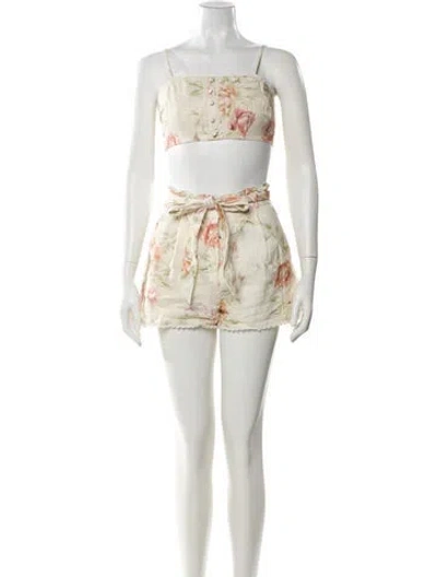 Pre-owned Loveshackfancy Linen Floral Print Short Set In Neutral