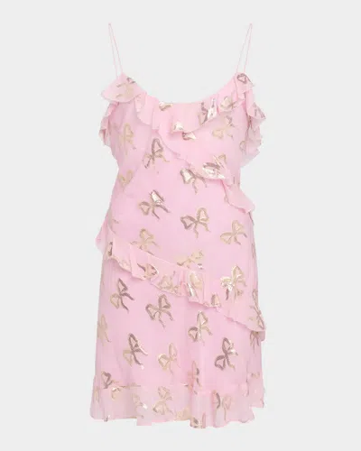 Loveshackfancy Lomina Silk Metallic Bow Mini Dress In Gilded Rose