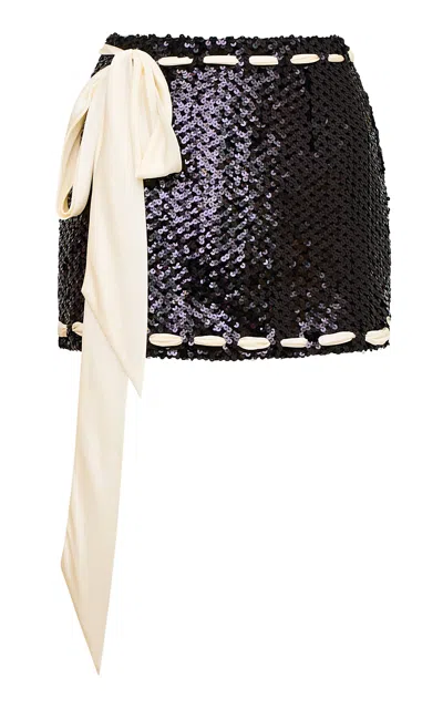 Loveshackfancy Lovina Ribbon-laced Sequined Mini Skirt In Black