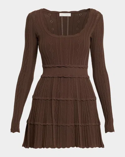 Loveshackfancy Lunelle Pointelle Knit Long-sleeve Mini Dress In Brown