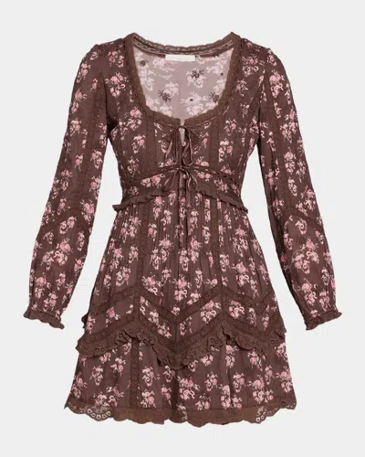 Loveshackfancy Lysanthe Floral Cotton Lace-trim Mini Dress In Brown