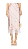 Loveshackfancy Malina Satin Floral Midi Slip Skirt In Wavecrest Blue In Apricot Medley