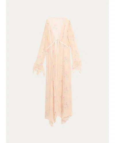 Loveshackfancy Mariven Lace-trim Floral Silk Duster Cardigan In Pink